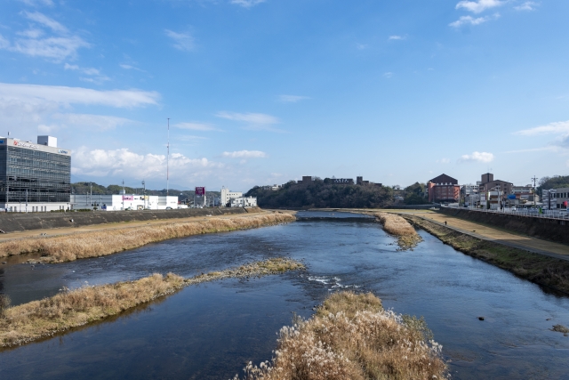 吉井川沿いの道と津山市街