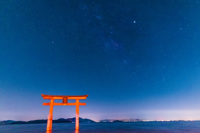 Lake Biwa Shirahige Shrine torii gate and starry sky